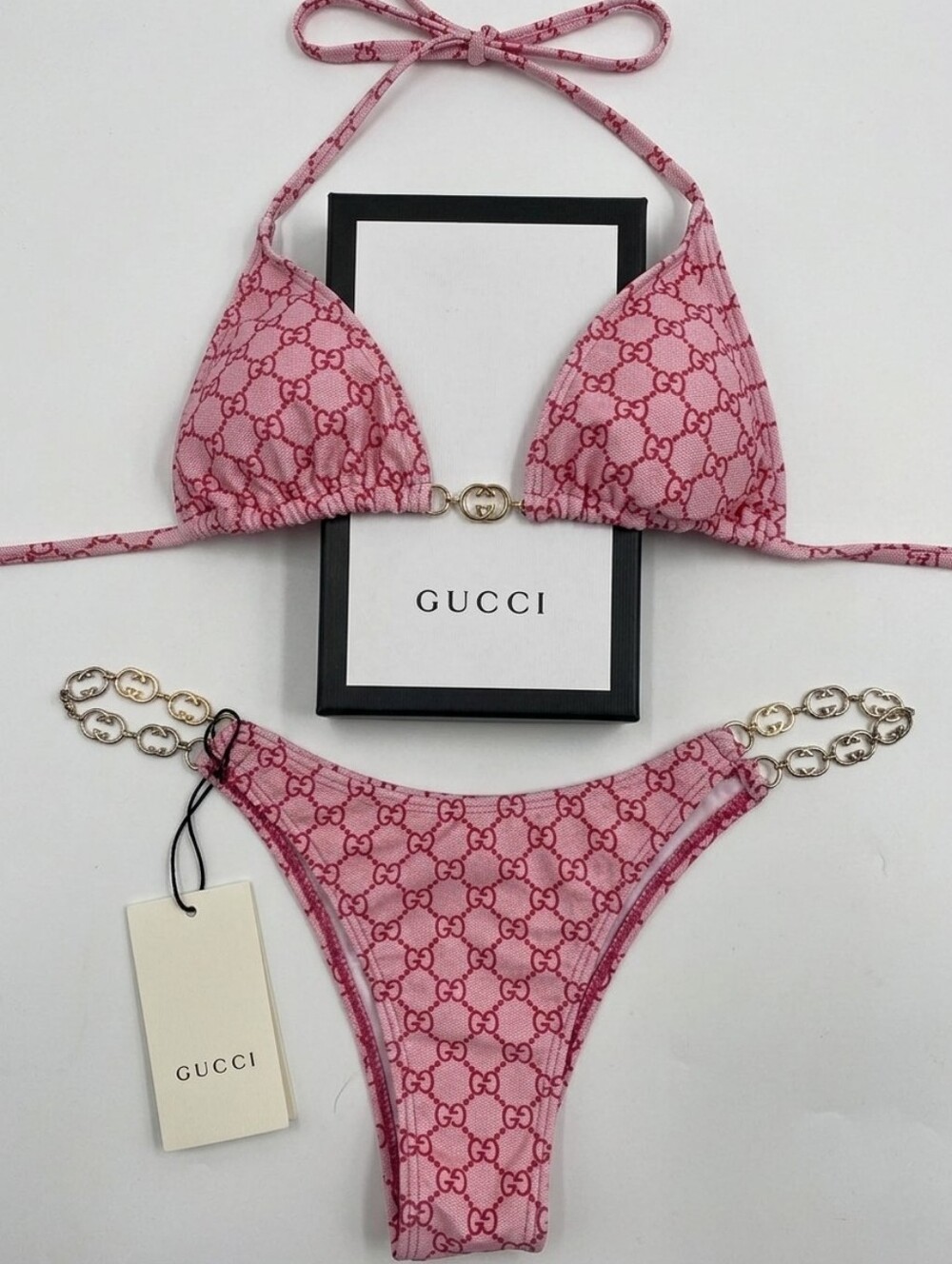 NWT 💖⭐ GUCCI ⭐💖 Pink Monogram Bikini Swimwear w/ Gold Chain Details - Fits S-M